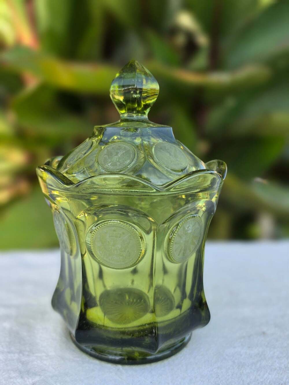 Fostoria Green Coin Glass Candy Dish With Lid